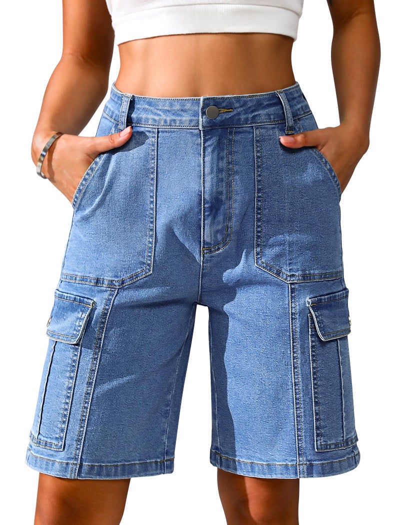 Eddoyee Bermuda Cargo Jorts for Women Denim Jean Shorts Casual Long Knee Length High Waisted Stretch Wide Leg Relaxed Fit(Blue Jean, X-Large) - Image 1