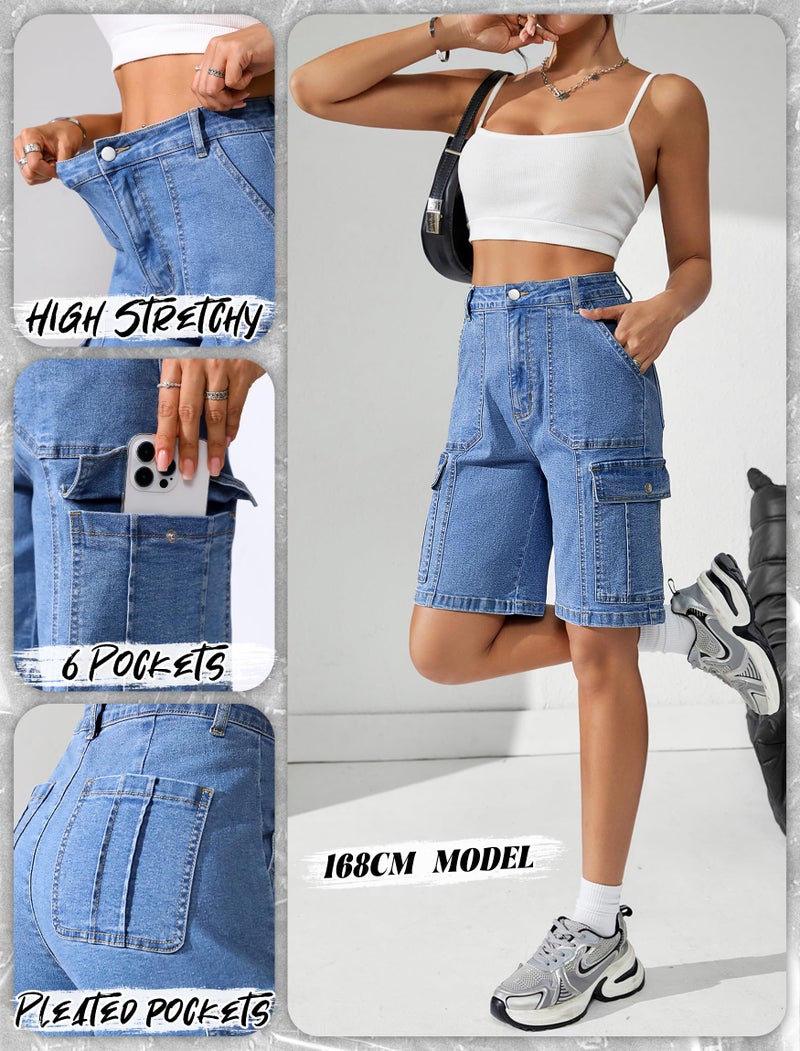 Eddoyee Bermuda Cargo Jorts for Women Denim Jean Shorts Casual Long Knee Length High Waisted Stretch Wide Leg Relaxed Fit(Blue Jean, X-Large) - Image 4