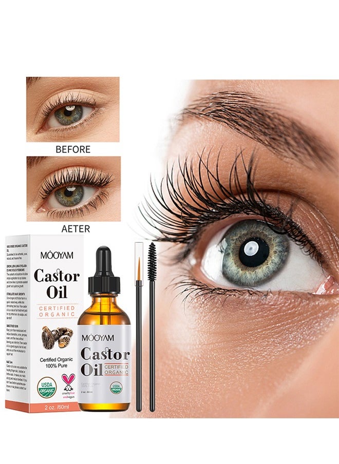 MOOYAM - Castor Oil Certified Organic, Eyelash Growth Liquid 60ml, Organic Castor Oil, Hair Growth, Stimulate Growth for Eyelashes, Eyebrows, Hair, Make Eyelashes Thickness and Strong, Suitable for All Hair, Eyelash Growth Kit - Image 1