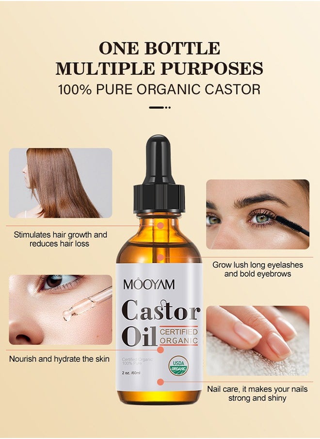 MOOYAM - Castor Oil Certified Organic, Eyelash Growth Liquid 60ml, Organic Castor Oil, Hair Growth, Stimulate Growth for Eyelashes, Eyebrows, Hair, Make Eyelashes Thickness and Strong, Suitable for All Hair, Eyelash Growth Kit - Image 1