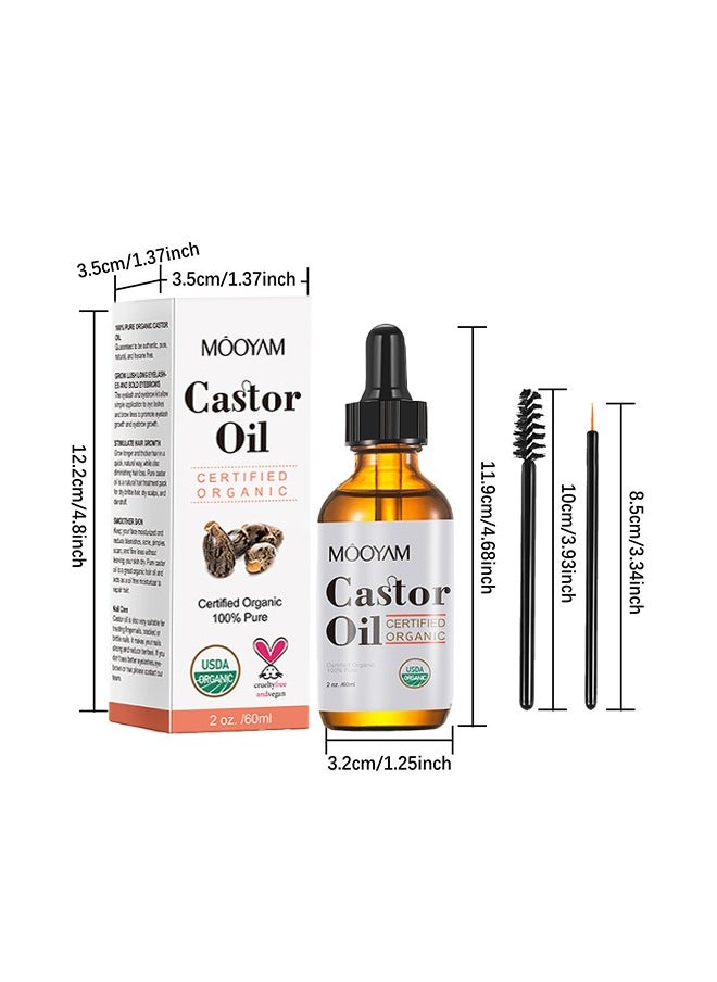 MOOYAM - Castor Oil Certified Organic, Eyelash Growth Liquid 60ml, Organic Castor Oil, Hair Growth, Stimulate Growth for Eyelashes, Eyebrows, Hair, Make Eyelashes Thickness and Strong, Suitable for All Hair, Eyelash Growth Kit - Image 1