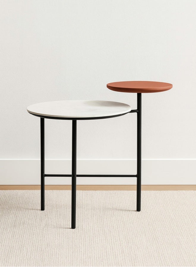 YI ONE Corner Table – Round White Marble Top with Reddish-brown top Black Metal Legs, Modern Side Table for Living Room, Sofa Corner & Home Décor Stand - Image 1