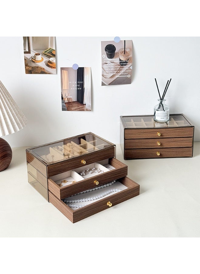 هاي هيلوك منظم مجوهرات أكريليك مع بطانة مخملية ودرج خشبي - أقسام قابلة للتعديل للأقراط والخواتم والقلائد والأساور وأحمر الشفاه | علبة تخزين مكياج قابلة للتكديس - Image 2