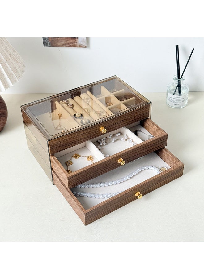 هاي هيلوك منظم مجوهرات أكريليك مع بطانة مخملية ودرج خشبي - أقسام قابلة للتعديل للأقراط والخواتم والقلائد والأساور وأحمر الشفاه | علبة تخزين مكياج قابلة للتكديس - Image 1