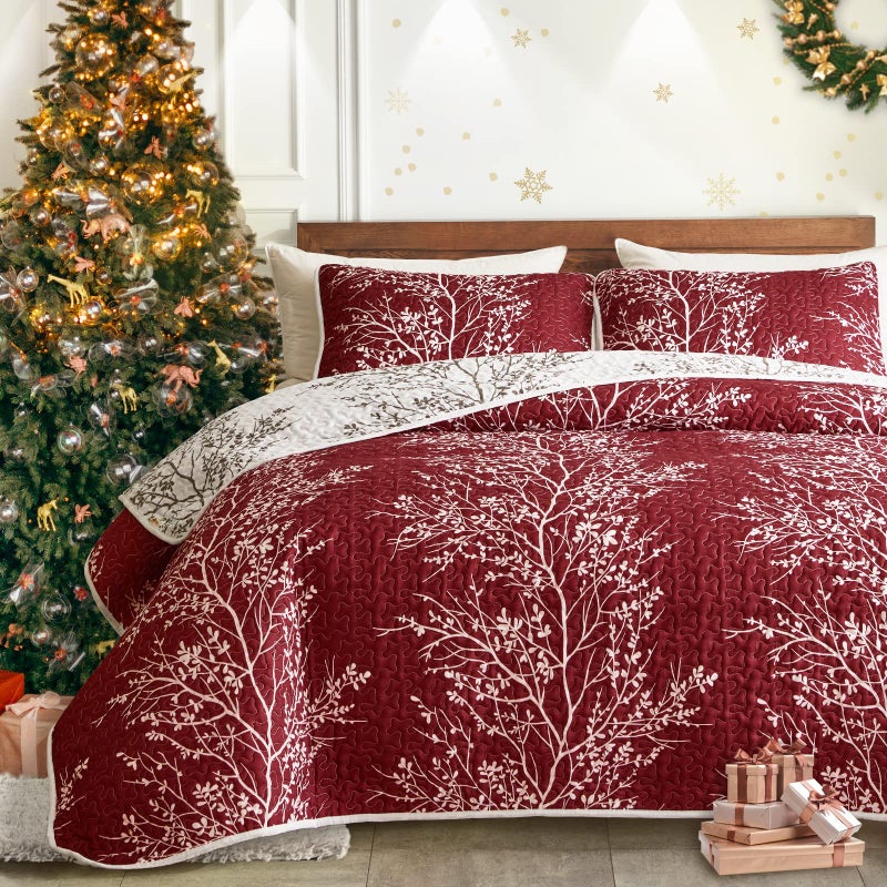 3 Pieces Christmas Quilt Set Burgundy Red Branch Queen Size 88x88 Soft Microfiber Lightweight Coverlet Bedspread New Year Holiday Bedding Set Bed Cover for All Season 1 Quilt 2 Shams