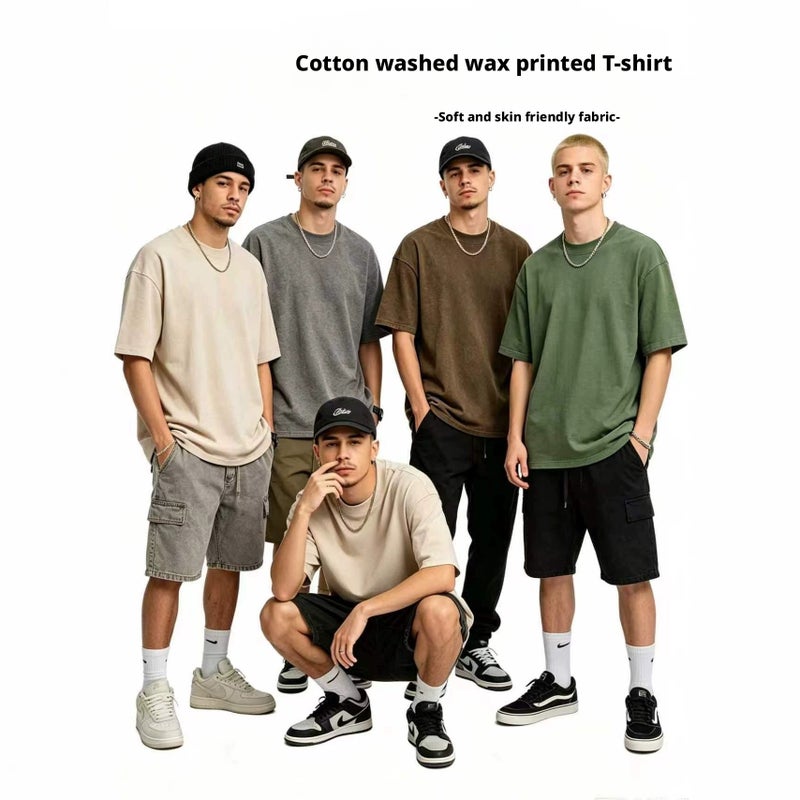 230g Heavyweight Washed Cotton T-Shirt, Retro American Style, Relaxed Fit, Crew Neck, Short Sleeve - Image 1
