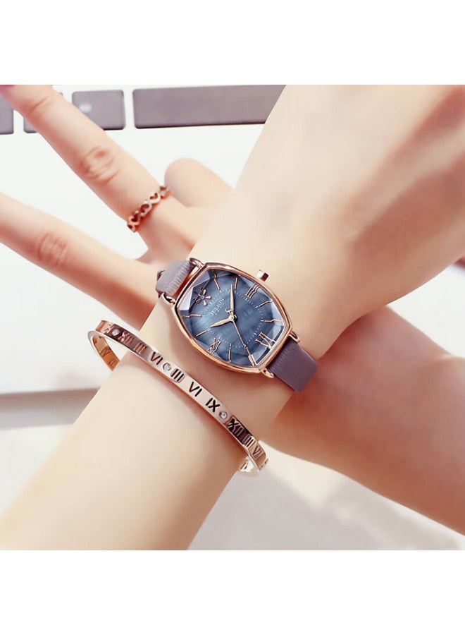 Julius Women'S Fashion Korean Style Trendy Deep Blue Student Leather Strap Quartz Ladies Watch Literary Grey Ja-920D - Image 1
