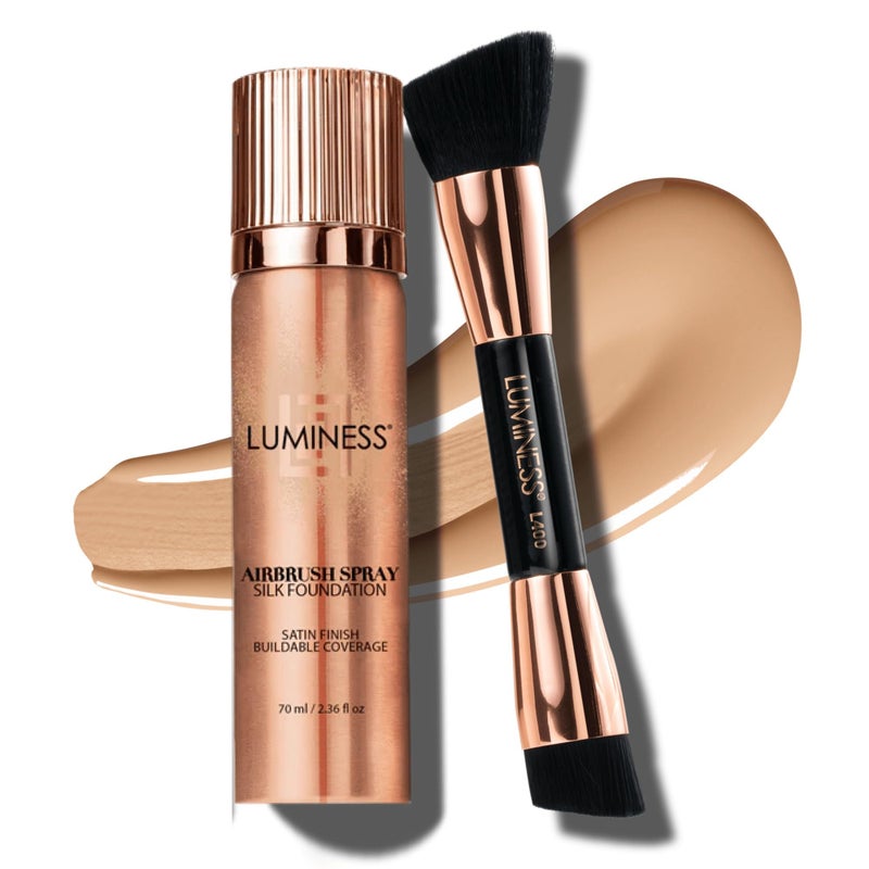 LUMINESS Silk Airbrush Spray Foundation  Buffing Brush Kit  Full Coverage Foundation  DualSided Buffing Brush  Buildable Coverage AntiAging Formula Hydrates  Moisturizes  Light Medium