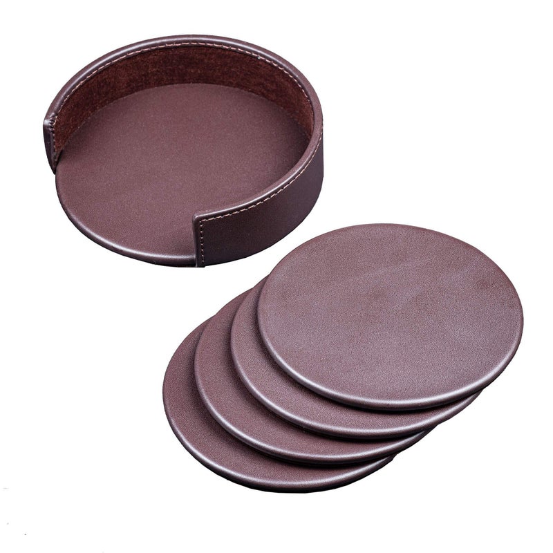 Dacasso Chocolate Brown Leather 4 Round Coaster Set - Image 1