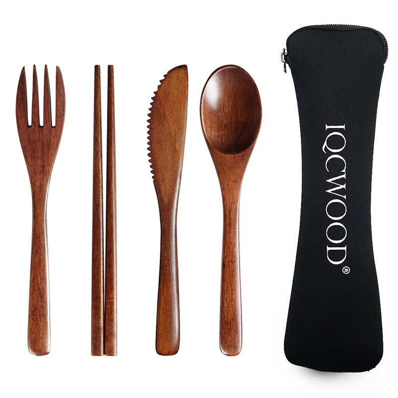 Portable Wooden Cutlery Set for Travel and Camping  4 Piece Set With Reusable Wooden Spoon Fork Knife and Chopsticks