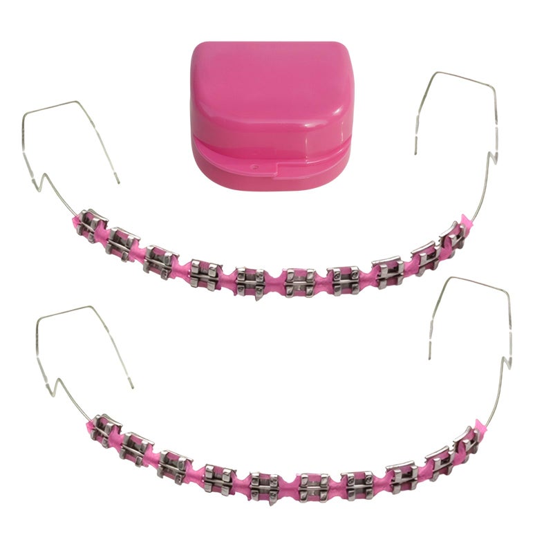 panthra Fake Braces 2-Pcs Set Temporary Tooth Decoration with Metal Wires, Metal Brackets and Orthodontic Bands, Suitable for Orthodontists to Explain, for Dental Students to Practice (Pink) - Image 1