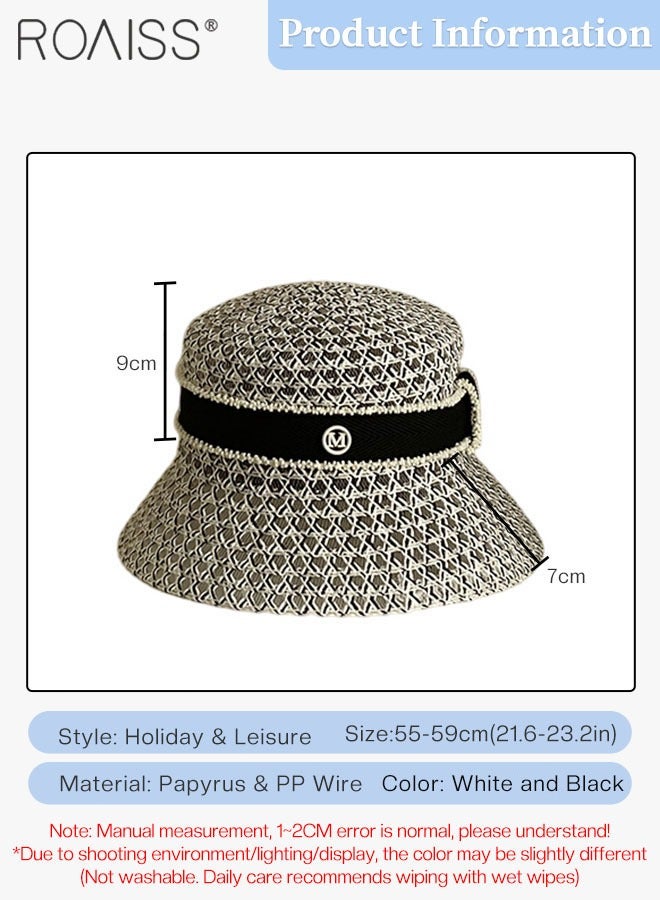 رويس قبعة دلو مجوفة قابلة للتنفس للنساء، قبعة شاطئ صيفية قابلة للطي وجيدة التهوية من القش مع زخرفة حروف، قبعة شمس عصرية منسوجة للحماية من الأشعة فوق البنفسجية - Image 2
