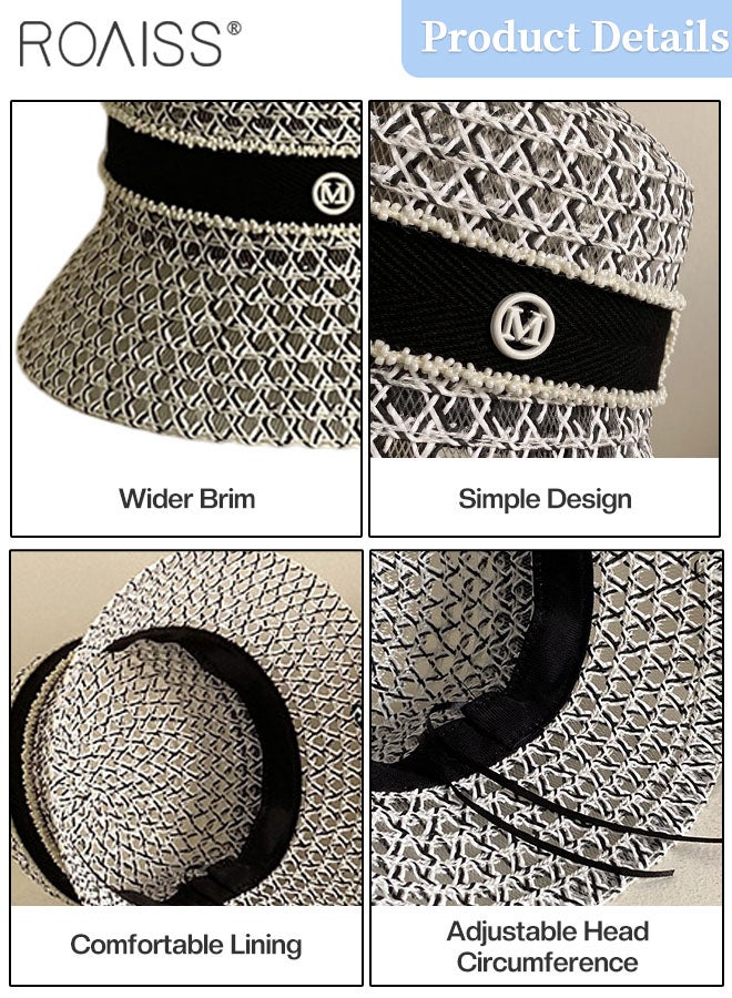 رويس قبعة دلو مجوفة قابلة للتنفس للنساء، قبعة شاطئ صيفية قابلة للطي وجيدة التهوية من القش مع زخرفة حروف، قبعة شمس عصرية منسوجة للحماية من الأشعة فوق البنفسجية - Image 3
