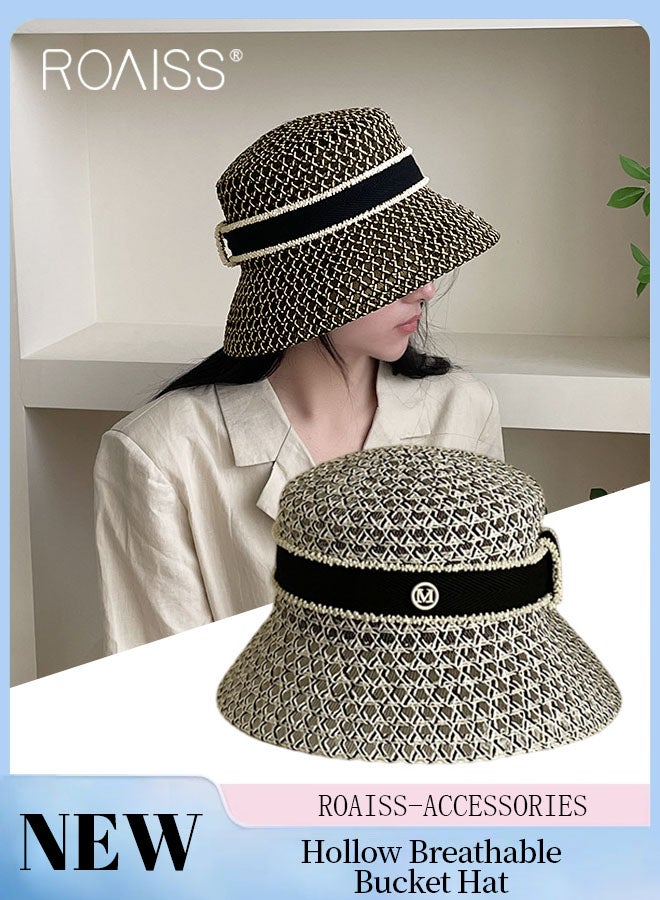 رويس قبعة دلو مجوفة قابلة للتنفس للنساء، قبعة شاطئ صيفية قابلة للطي وجيدة التهوية من القش مع زخرفة حروف، قبعة شمس عصرية منسوجة للحماية من الأشعة فوق البنفسجية - Image 1