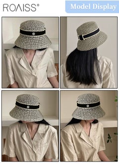 roaiss Women's Hollow Breathable Bucket Hat, Foldable Summer Breathable Beach Straw Hat with Letter Decoration, Fashion UV Protection Sun Hat  - Image 4