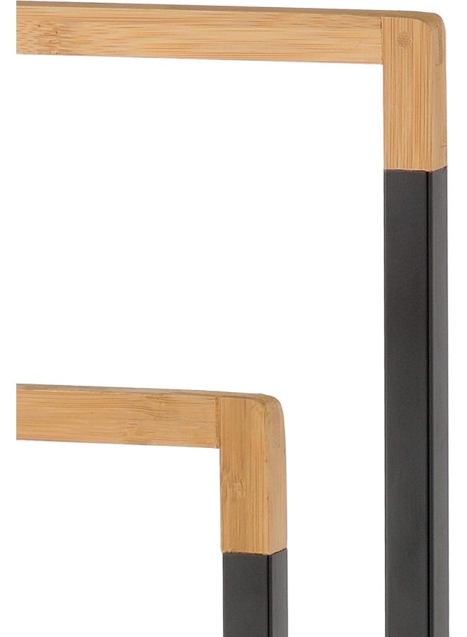 MyGift 33 Inch 3 Tiers Free Standing Towel Stand Holder - Black Chrome Plated Metal Bath Towel Rack With Bamboo Wood Bar For Hand Towel Storage  - Image 1