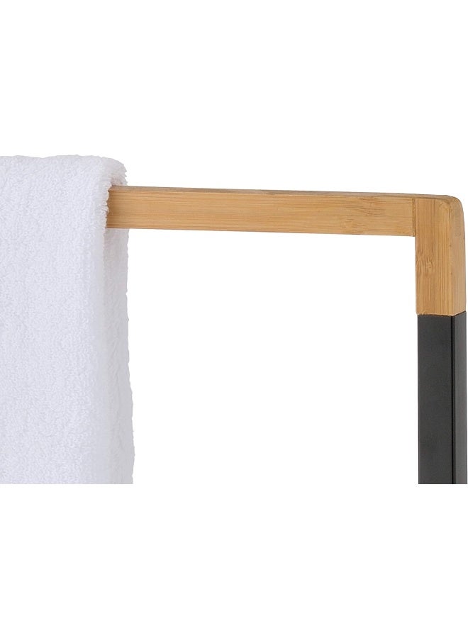 MyGift 33 Inch 3 Tiers Free Standing Towel Stand Holder - Black Chrome Plated Metal Bath Towel Rack With Bamboo Wood Bar For Hand Towel Storage  - Image 5