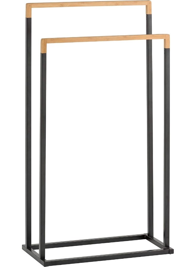 MyGift 33 Inch 3 Tiers Free Standing Towel Stand Holder - Black Chrome Plated Metal Bath Towel Rack With Bamboo Wood Bar For Hand Towel Storage  - Image 4