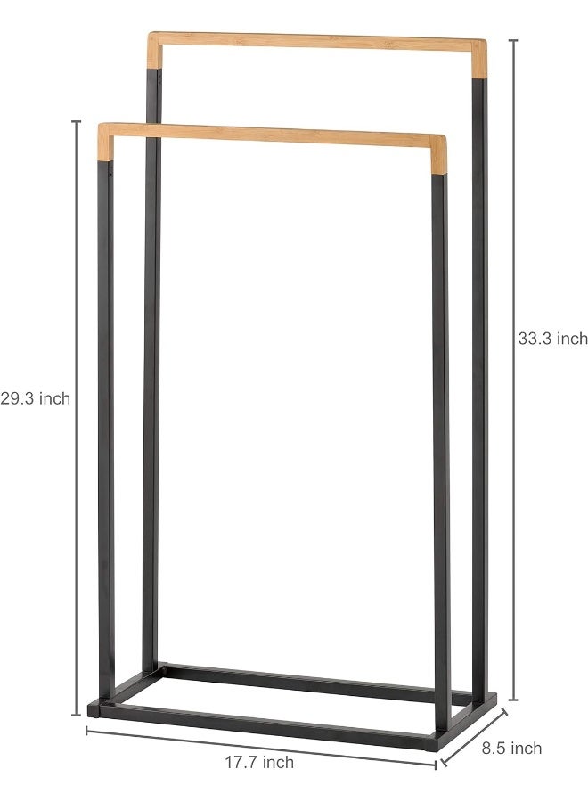 MyGift 33 Inch 3 Tiers Free Standing Towel Stand Holder - Black Chrome Plated Metal Bath Towel Rack With Bamboo Wood Bar For Hand Towel Storage  - Image 2