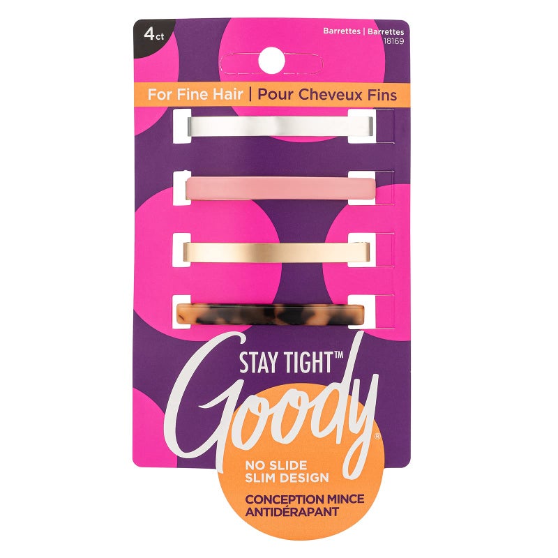 Goody Stay Tight Fine Hair Barrettes, 4 Ct, Assorted Colors, SlideProof Flat Clips, Comfortable & Versatile Styling Accessories for Women, Men, Boys & Girls, Clips for All Hair Types, Color Will Vary - Image 1