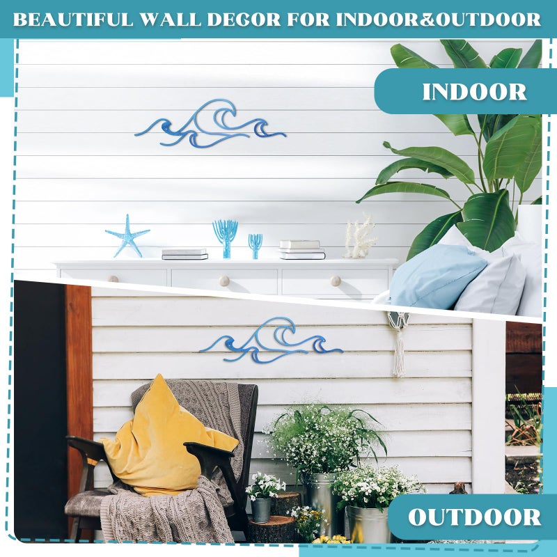 Seeloowy Wave Wall Decor Blue Metal Wire Wall Art Ocean Coastal Sea Beach Pictures Surf Nursery Themed Hanging for Home Living Room Summer Seaside Decoration for Bedroom Bathroom - Image 3