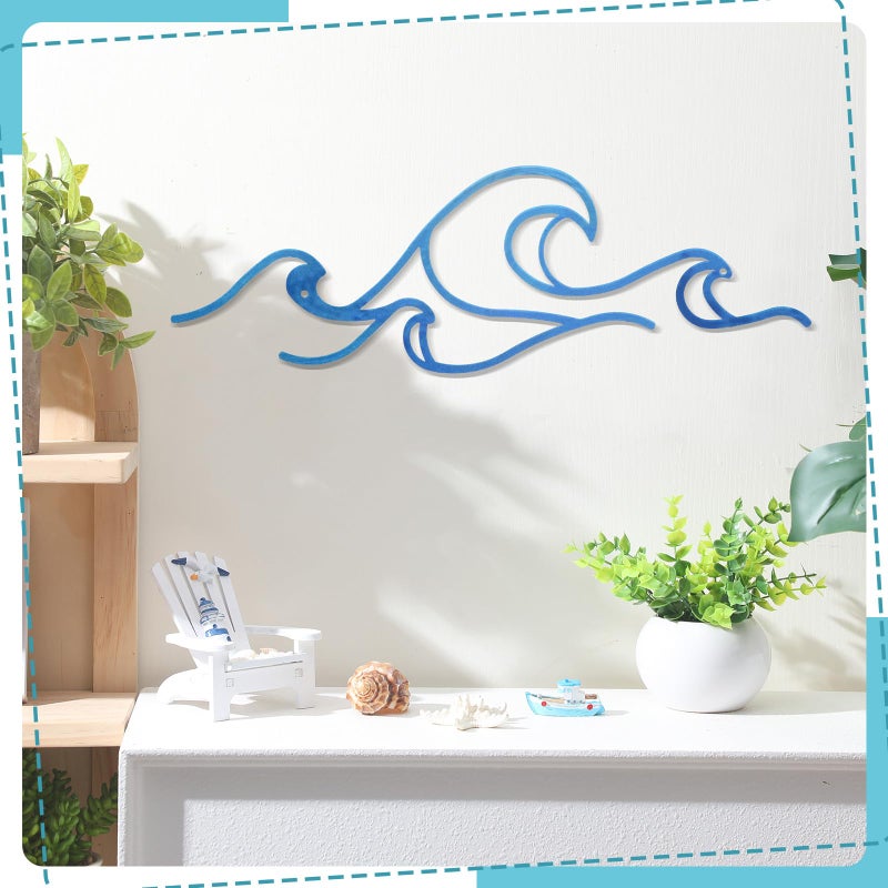 Seeloowy Wave Wall Decor Blue Metal Wire Wall Art Ocean Coastal Sea Beach Pictures Surf Nursery Themed Hanging for Home Living Room Summer Seaside Decoration for Bedroom Bathroom - Image 4