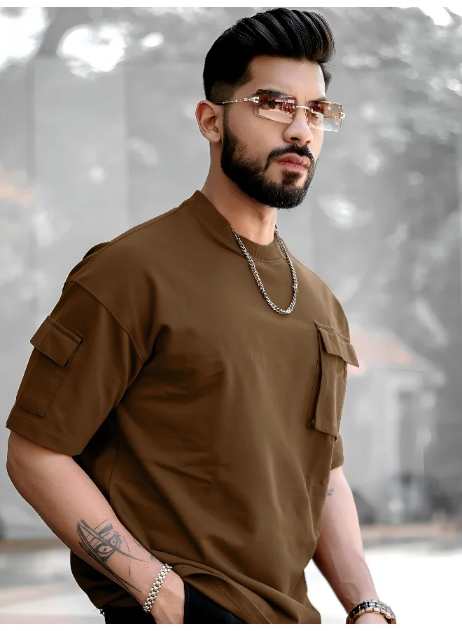 Maniac  Maniac Mens Solid Round Neck Short Sleeve Brown Cotton T-Shirt for Men | Best Price UAE