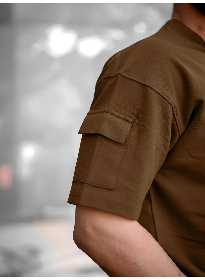 Maniac  Maniac Mens Solid Round Neck Short Sleeve Brown Cotton T-Shirt for Men | Best Price UAE