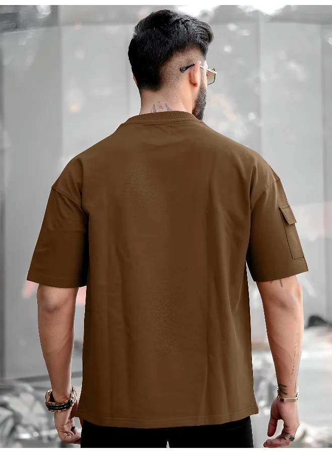 Maniac  Maniac Mens Solid Round Neck Short Sleeve Brown Cotton T-Shirt for Men | Best Price UAE