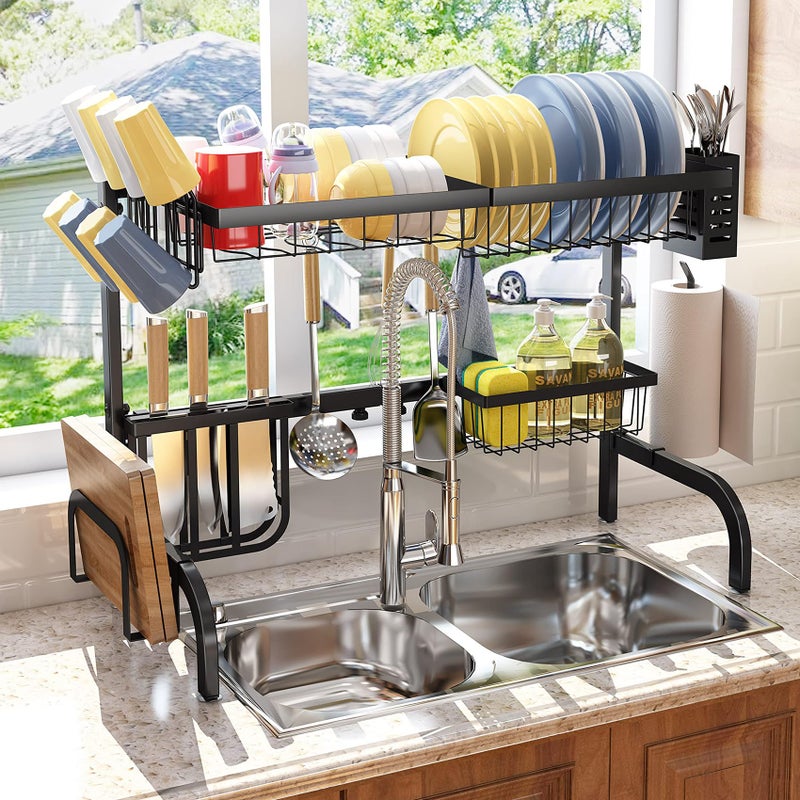 SAYZH Over The Sink Dish Drying Rack, Adjustable (25.5 to 33.5 inch) 2 Tier Metal Steel Dish Drying Racks for Kitchen Counter with Hooks Paper Towel Utensil Cup Holder Sink Caddy (Black) - Image 2