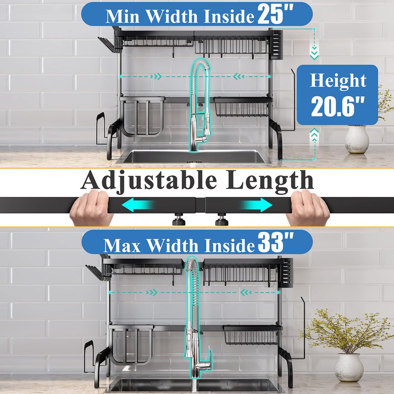 SAYZH Over The Sink Dish Drying Rack, Adjustable (25.5 to 33.5 inch) 2 Tier Metal Steel Dish Drying Racks for Kitchen Counter with Hooks Paper Towel Utensil Cup Holder Sink Caddy (Black) - Image 3