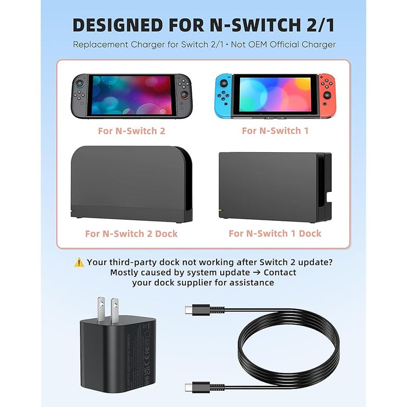 KOVA Switch 2 Charger - 60w AC Power Adapter for Nintendo 2/1 with 5FT Long Cable, Support 4K TV Dock, PD 3.0 Fast Charging Supply 20V/3A for Nintendo Switch Chargers【Replacement for OEM Switch2/1 Charger】 - Image 2