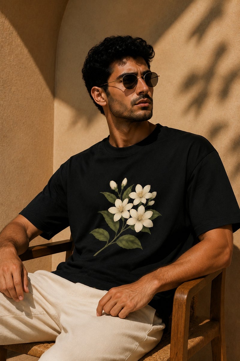 Men's Black Floral Graphic T-Shirt Casual Short Sleeve Crew Neck Streetwear Tee - Image 4