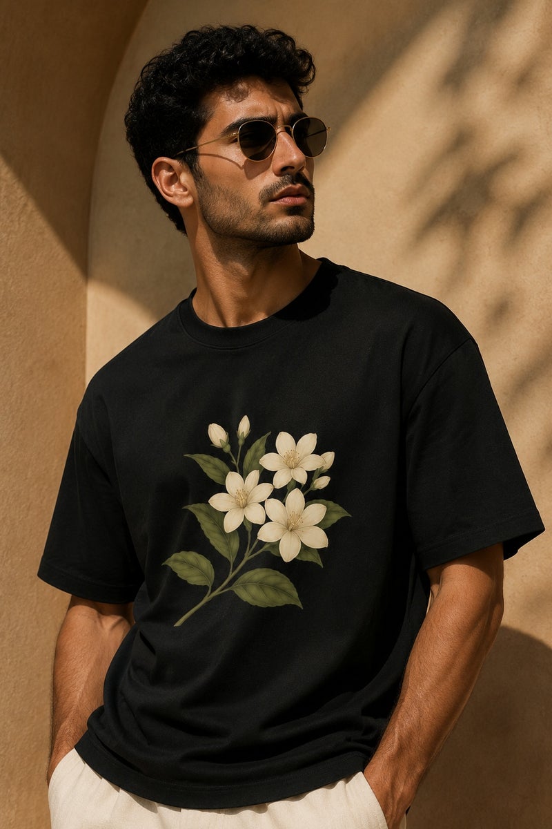 Men's Black Floral Graphic T-Shirt Casual Short Sleeve Crew Neck Streetwear Tee - Image 1