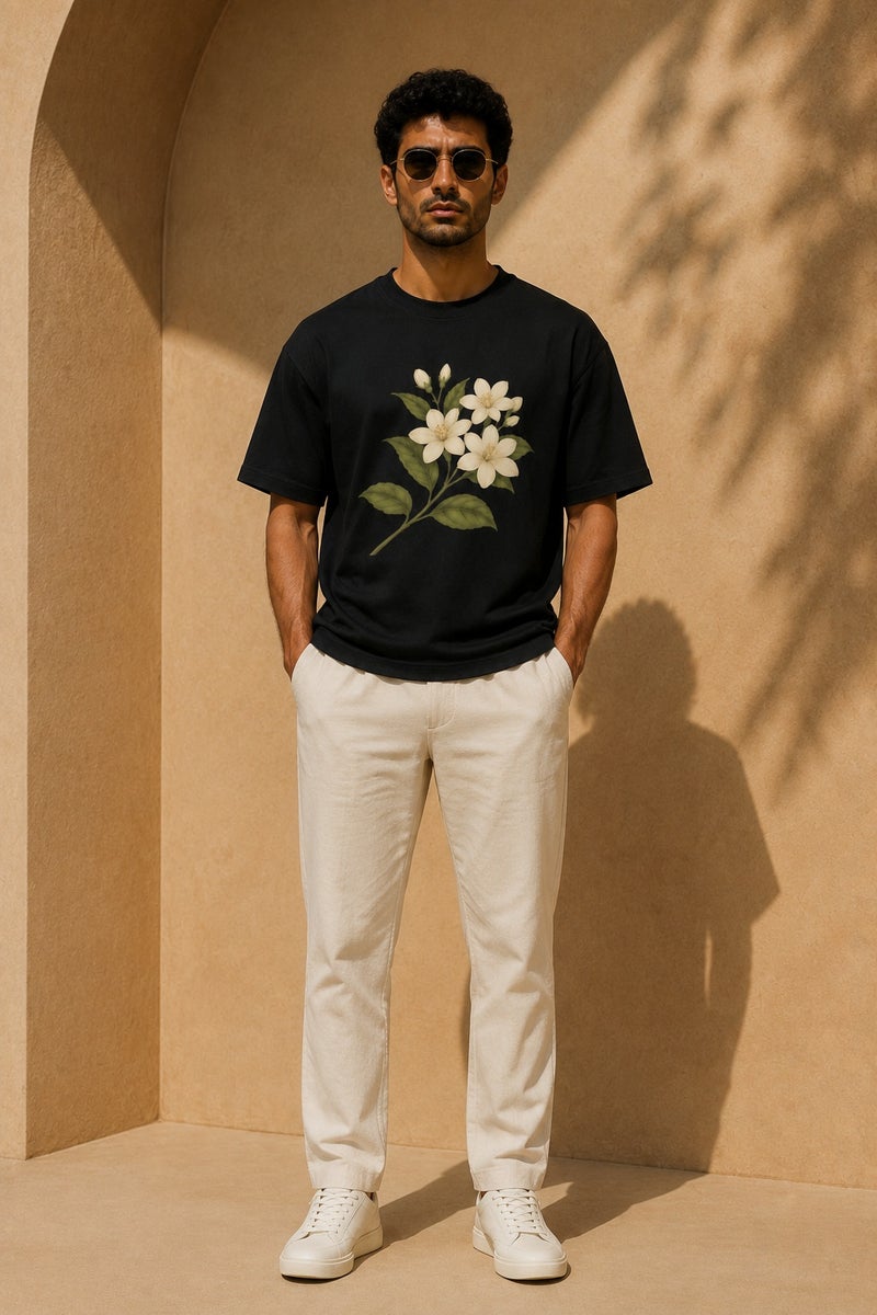 Men's Black Floral Graphic T-Shirt Casual Short Sleeve Crew Neck Streetwear Tee - Image 2