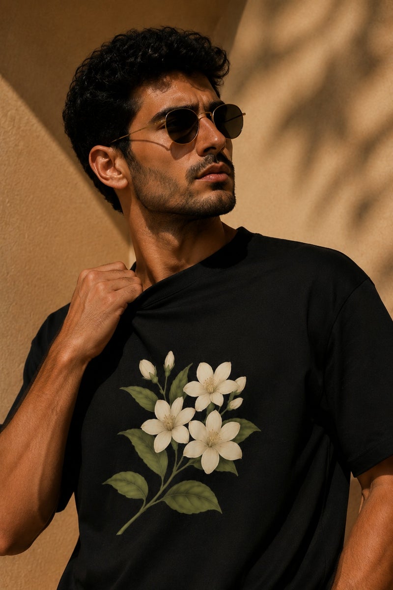 Men's Black Floral Graphic T-Shirt Casual Short Sleeve Crew Neck Streetwear Tee - Image 5