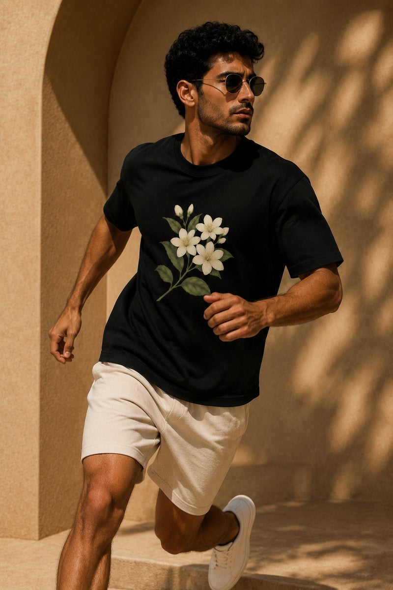 Men's Black Floral Graphic T-Shirt Casual Short Sleeve Crew Neck Streetwear Tee - Image 3