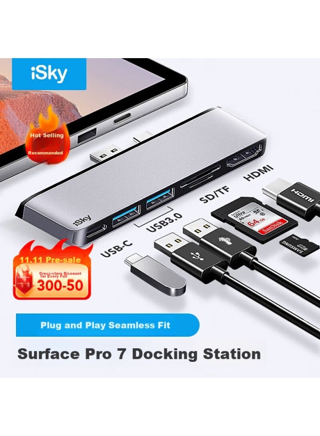 Isky Microsoft Surface Pro 7 Expansion Dock, Usb-c Converter, Usb High-speed Transmission Adapter, Hdmi Video Projection Screen Mirroring Converter Cable, Tablet Laptop Six-in Two-out - Image 1