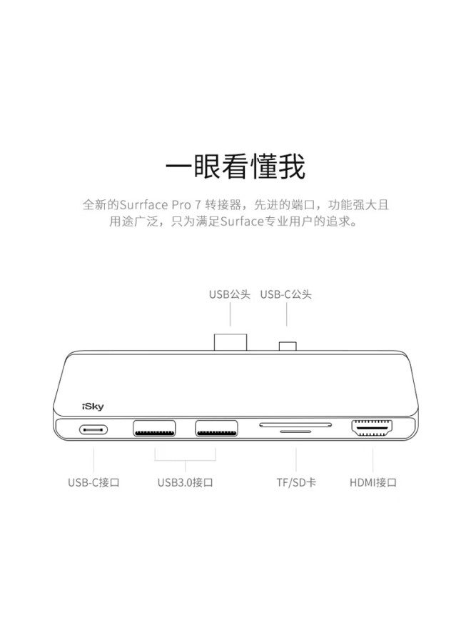 Isky Microsoft Surface Pro 7 Expansion Dock, Usb-c Converter, Usb High-speed Transmission Adapter, Hdmi Video Projection Screen Mirroring Converter Cable, Tablet Laptop Six-in Two-out - Image 3