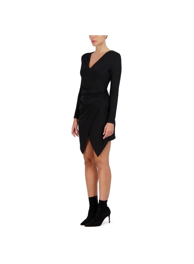 BCBGMAXAZRIA Women's Mini Long Sleeve Asymmetrical Hem Ruching Fitted Faux Wrap Style Dresses, Black, M - Image 3