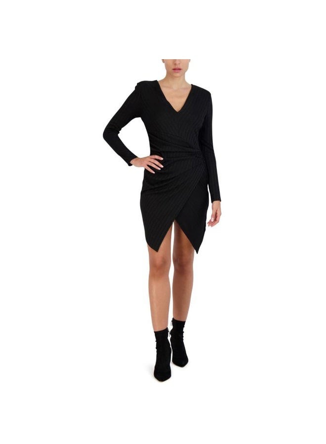 BCBGMAXAZRIA Women's Mini Long Sleeve Asymmetrical Hem Ruching Fitted Faux Wrap Style Dresses, Black, M - Image 4