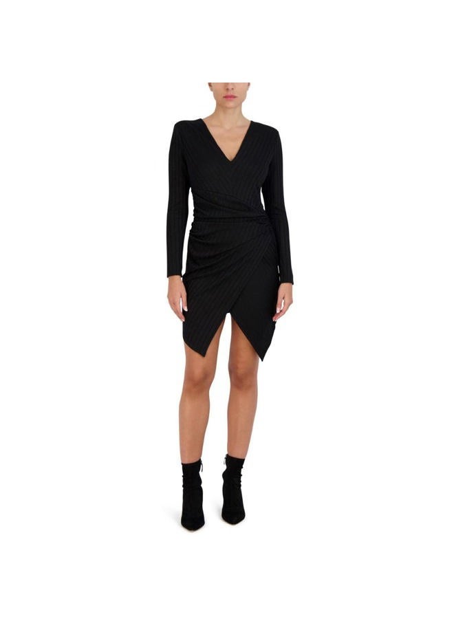BCBGMAXAZRIA Women's Mini Long Sleeve Asymmetrical Hem Ruching Fitted Faux Wrap Style Dresses, Black, M - Image 1