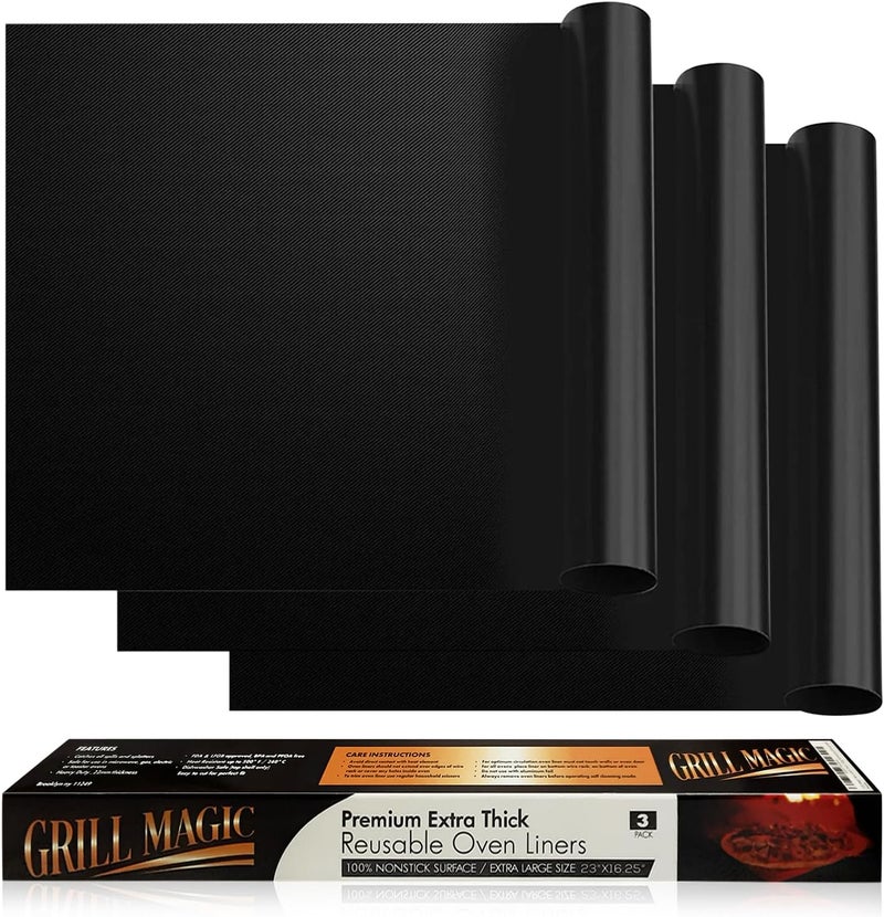 Grill Magic 3 Pack Non-Stick Heavy Duty Oven Liners Set for Bottom of Electric Oven by - Thick, Heat Resistant Fiberglass Mat - Easy to Clean, Reduce Spills, Stuck Foods & Clean Up - BPA Free - Image 1