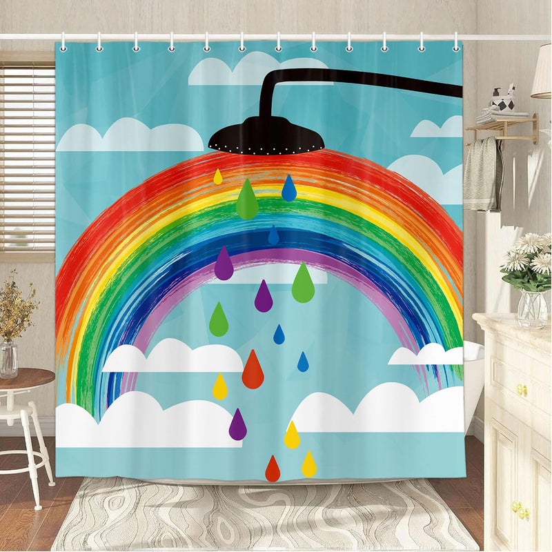 Wathon Funny Rainbow Shower Curtain for Kids Colorful Rainbow White Cloud on Blue Sky Bathroom Curtains Cute Creative Kids Cartoon Fabric Shower Curtain Sets with Hooks 72X72 Inches