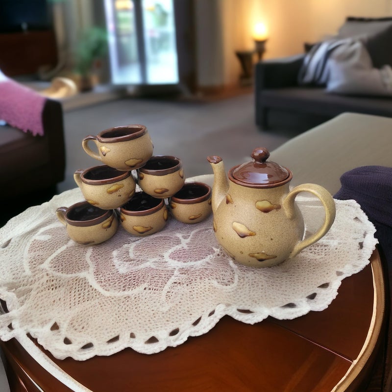 MALAIKAH Ceramic Brown Tea Cup Set of 6 with Long Kettle - Microwave and Dishwasher Safe, for Cold & Hot Drink | Ideal Gift for Birthday, Anniversary, Tea Lovers (C- 150ML) (K - 1Ltr)