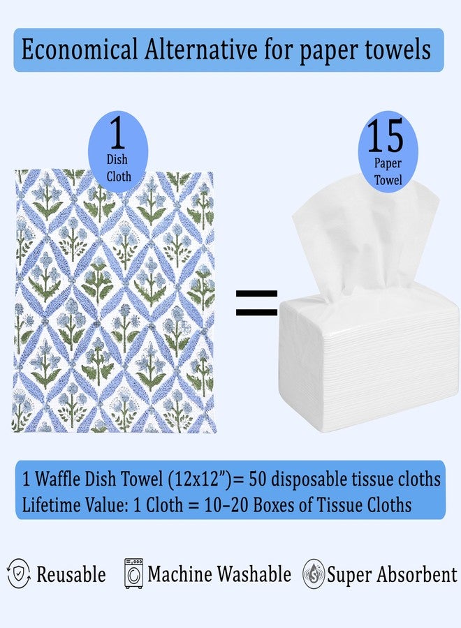 Ridhi Light Steel Blue Hand Block Print Cotton Waffle Dish Cloth Set of 6-12x12 Inch Super Absorbent, Soft, Reusable Kitchen Towels for Dish Drying Cleaning, Ideal for Spring, Easter, Valentine - Image 2