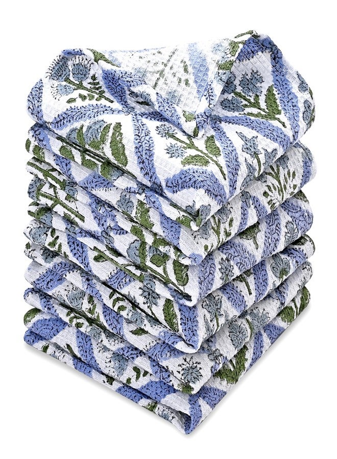 Ridhi Light Steel Blue Hand Block Print Cotton Waffle Dish Cloth Set of 6-12x12 Inch Super Absorbent, Soft, Reusable Kitchen Towels for Dish Drying Cleaning, Ideal for Spring, Easter, Valentine - Image 1