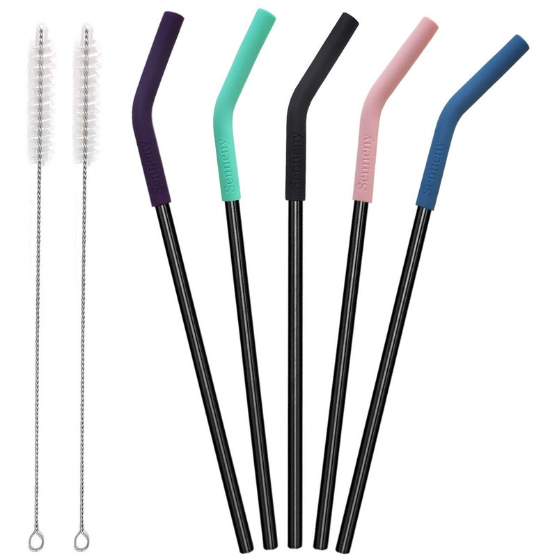 Senneny Senneny Set of 5 Stainless Steel Straws with Silicone Flex Tips Elbows Cover 2 Cleaning Brushes and 1 Portable Bag Included Black 6mm diameter