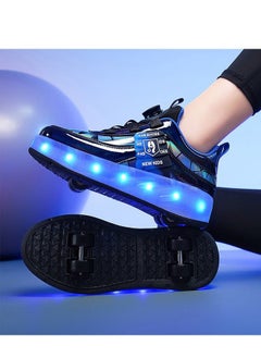 شو وو أحذية تزلج للأطفال بمصابيح LED - حذاء رياضي أنيق لامع بعجلتين مع نعل مضيء وإبزيم دوار سهل - أحذية تزلج للأطفال  - Image 3