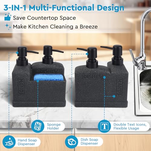 Deobath Kitchen Hand Soap and Dish Soap Dispenser Set,Dual Soap Dispenser with Sponge Holder 3-in-1 Organizer for Kitchen Sink,Bathroom,Useful Kitchen Gadgets - Black - Image 2